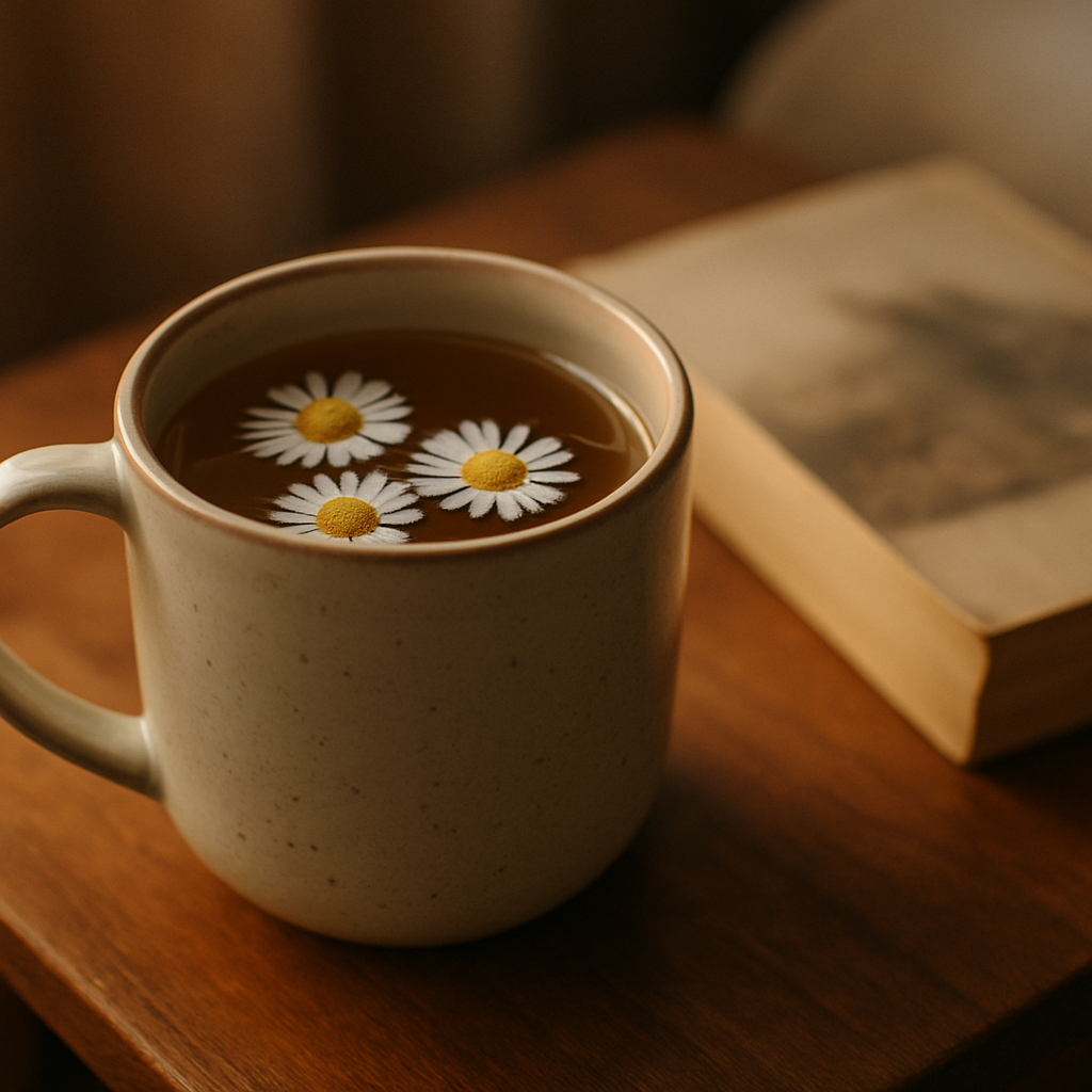 Chamomile tea on a bedside table as part of a better sleep habits evening routine