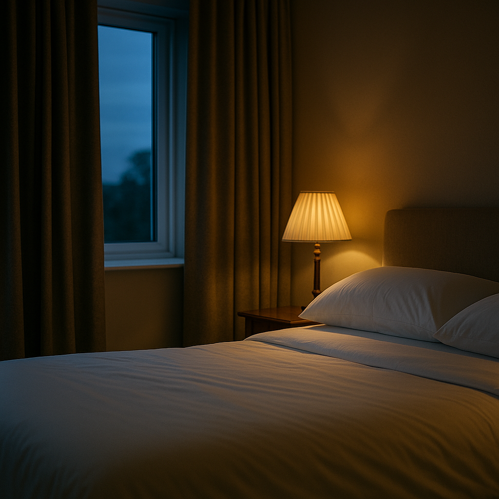 Cosy British bedroom set up for better sleep habits with warm lighting and blackout curtains